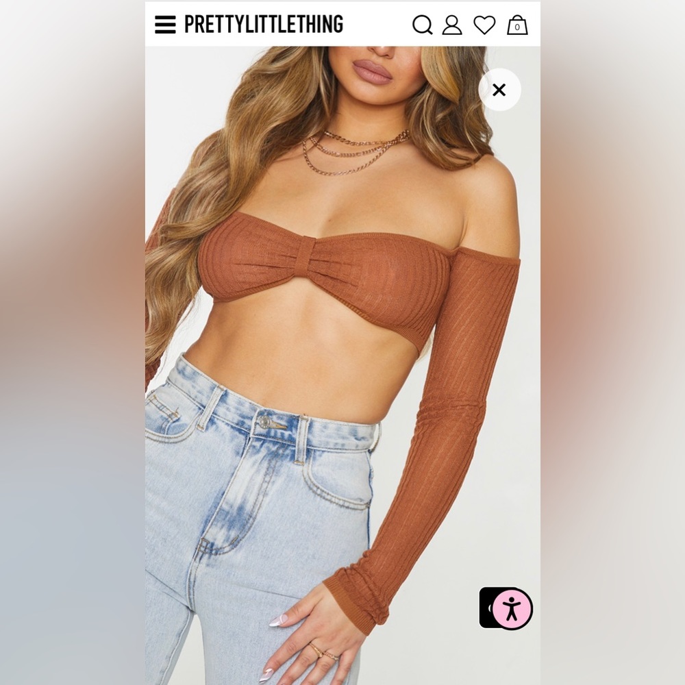 PLT Rust Sheer Knit Bardot Twist Front Top
